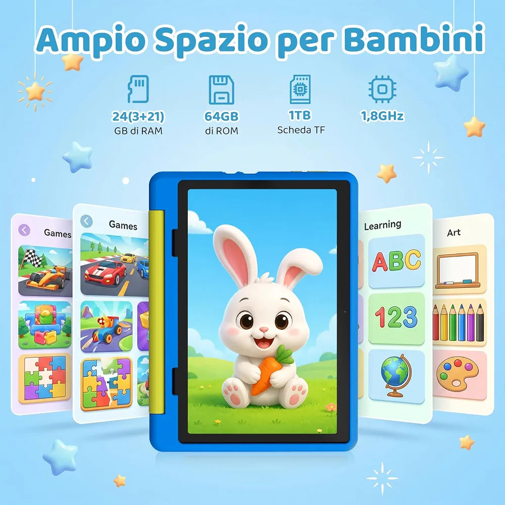 Gleeso Tablet Bambini | Android 16 Tablet per Bambini 10 Pollici, Kids Tablet | 24GB+1TB TF | Controllo Parentale | 8MP Fotocamera | WiFi 6/BT 5.3, Tablet con Custodia Protettiva - Blu