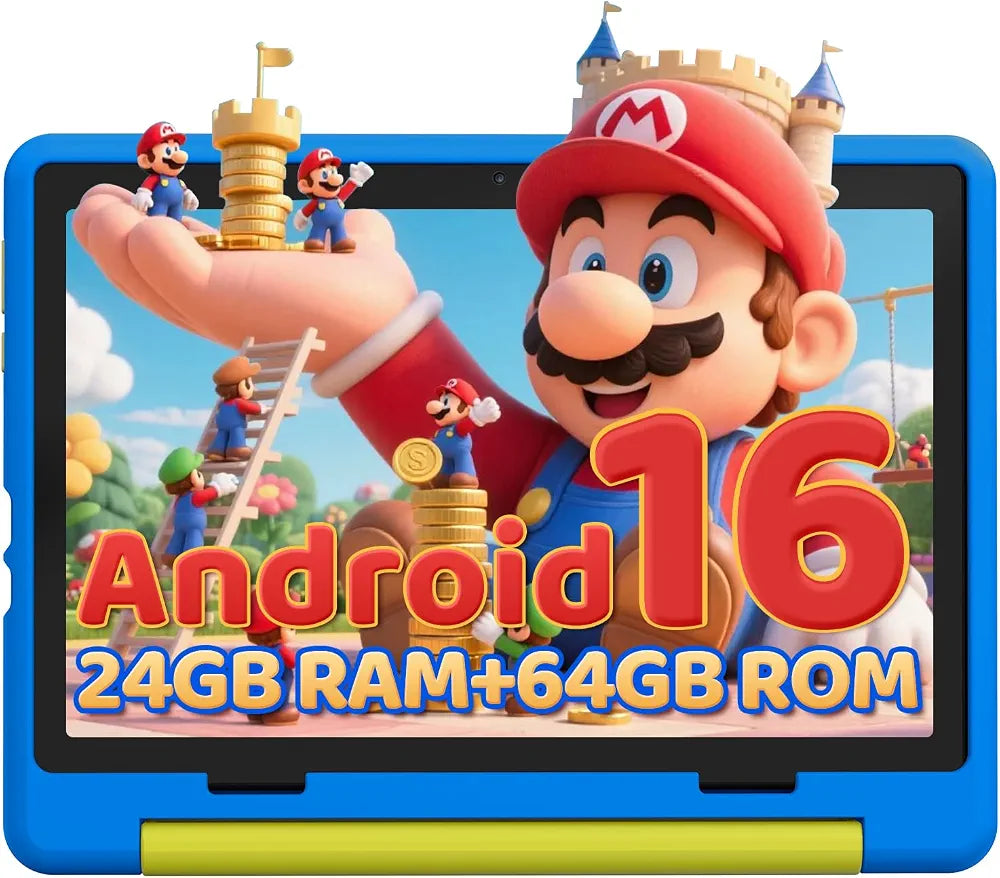 Gleeso Tablet Bambini | Android 16 Tablet per Bambini 10 Pollici, Kids Tablet | 24GB+1TB TF | Controllo Parentale | 8MP Fotocamera | WiFi 6/BT 5.3, Tablet con Custodia Protettiva - Blu