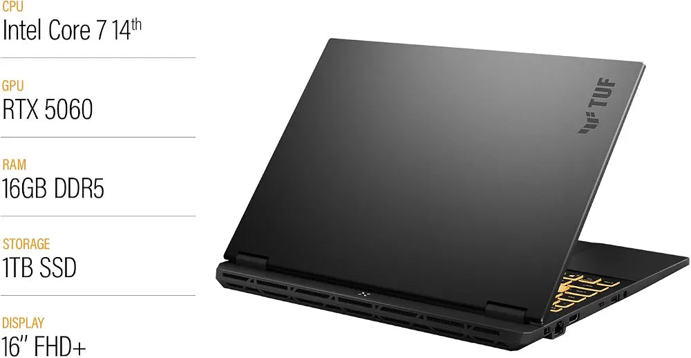ASUS TUF Gaming F16 FX608JMI#B0GQH7ZDN4, Notebook con display 16" IPS Anti-glare, 144Hz, Intel® Core™ i7 Processor 14650HX, Nvidia GeForce RTX 5060, RAM 16GB, 1TB SSD, WIN11 Home, Grigio